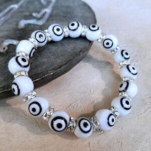 Handmade White Black Turkish Evil Eye Glass & Egyptian Crystal Talisman Bracelet